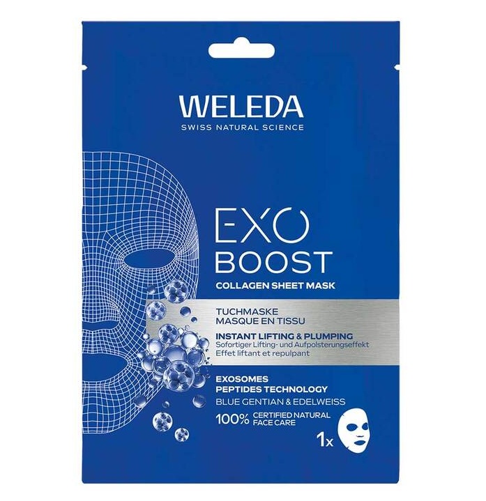 WELEDA Exo Boost Collagen Tuchmaske blauer Enzian